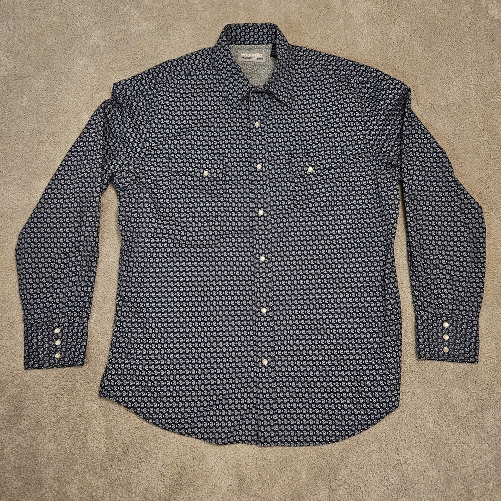 Wrangler Wrancher Pearl Snap Shirt Men's Large L Blue White Paisley Western